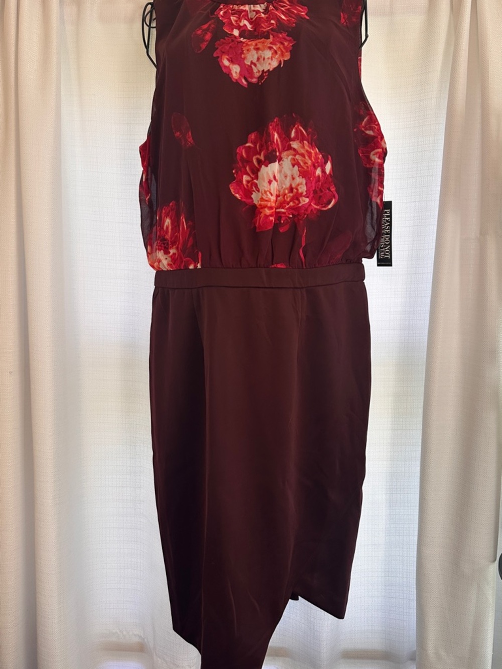 NY & Co Vintage Burgundy Asymmetrical Floral Midi Dress with Red Accents